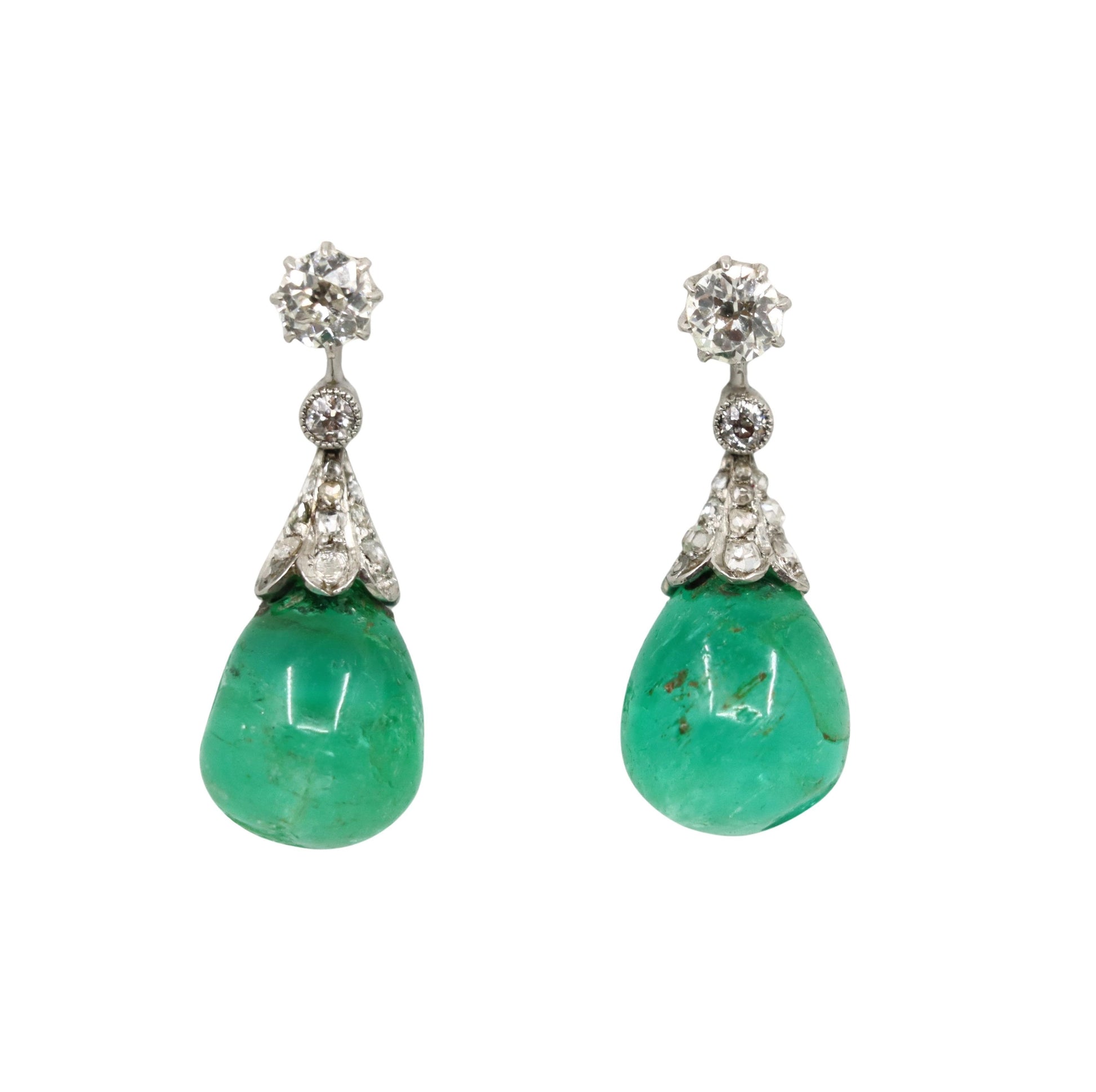 Vintage Platinum Emerald Diamonds Drop Earrings