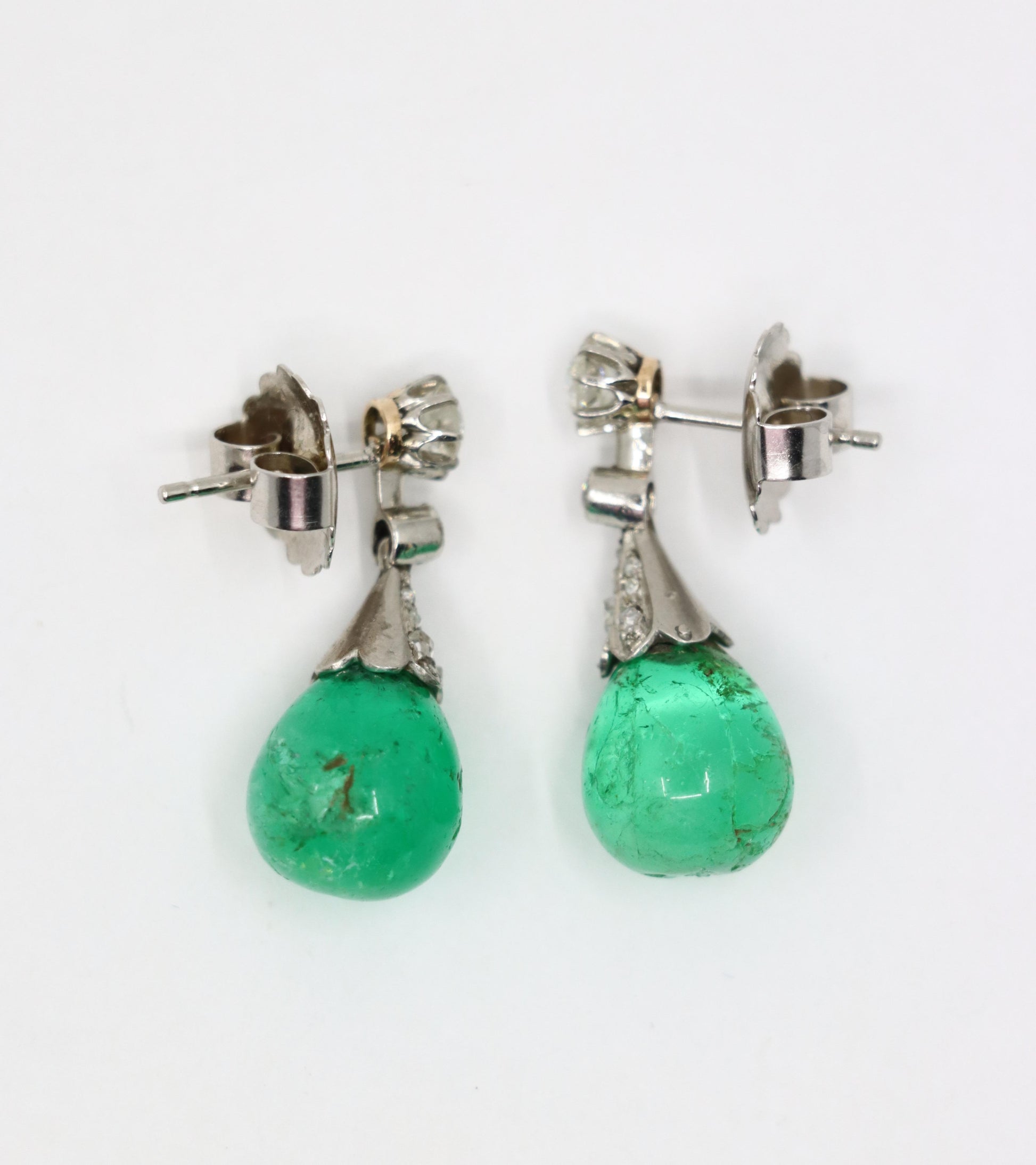 Vintage Platinum Emerald Diamonds Drop Earrings