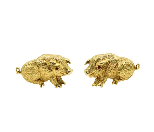 David Webb 18K Gold Ruby Pig Cufflinks