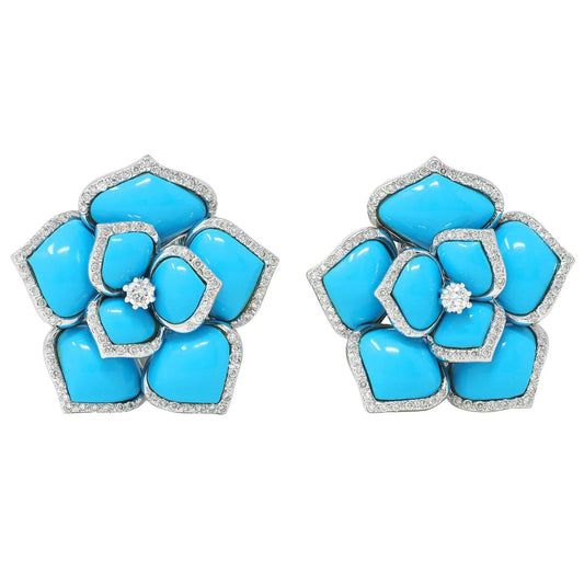 Diamond Turquoise 18K White Gold Flower Earrings