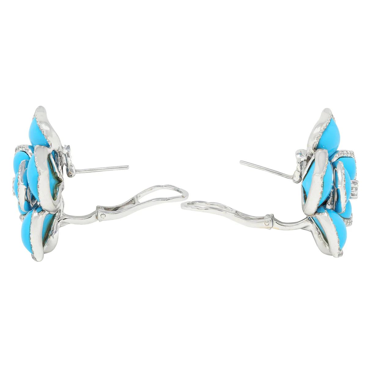 Diamond Turquoise 18K White Gold Flower Earrings