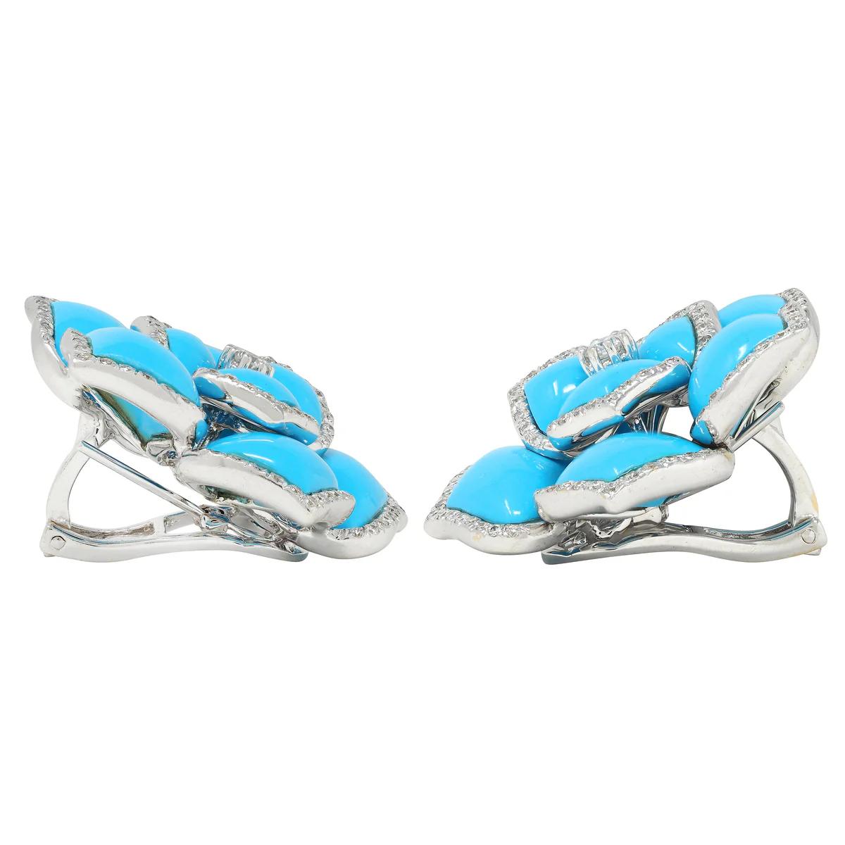 Diamond Turquoise 18K White Gold Flower Earrings