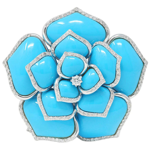 Diamond Turquoise 18K White Gold Flower Brooch