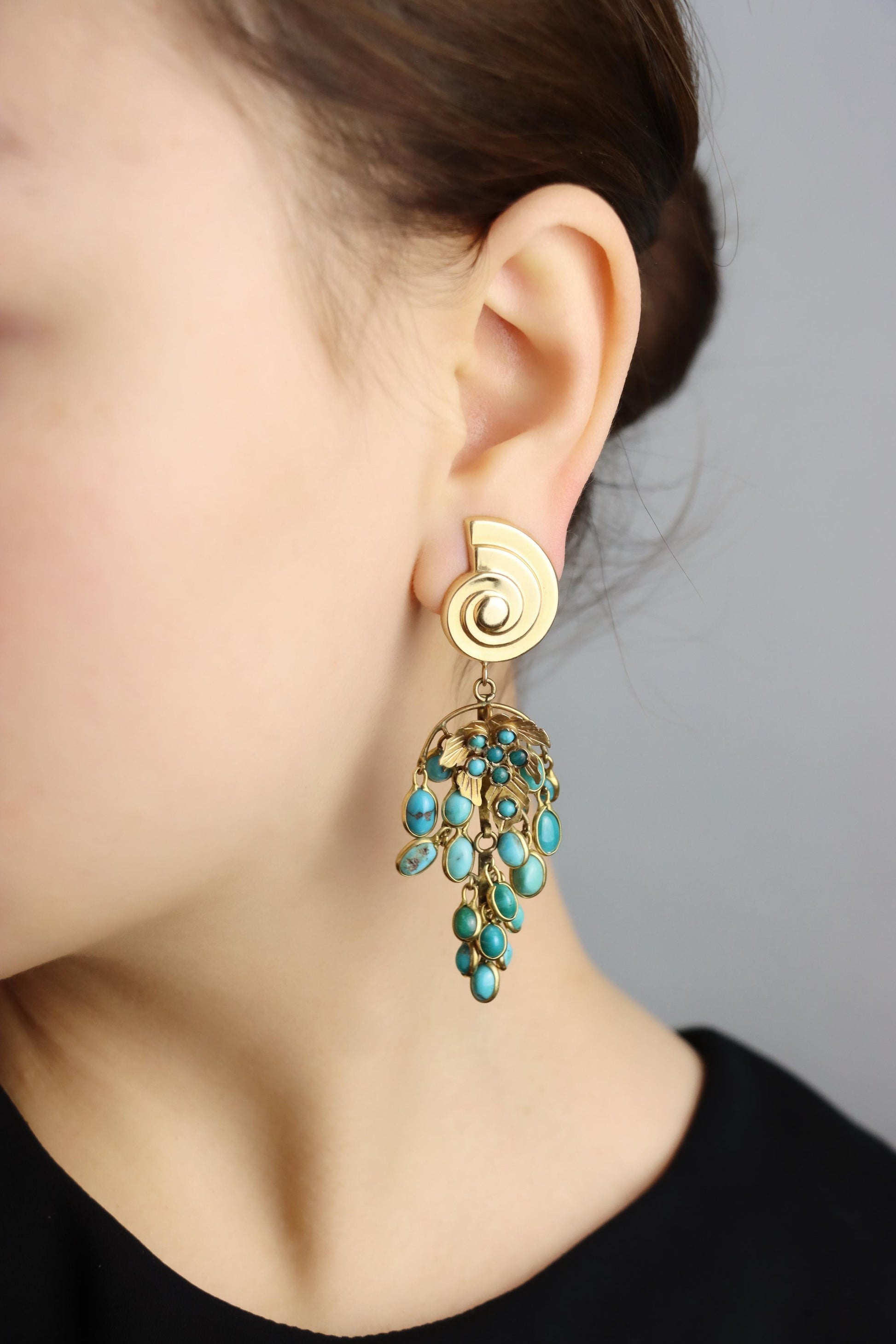 Antique French 18K & 14K Gold Turquoise Cabochon Chandelier Earrings