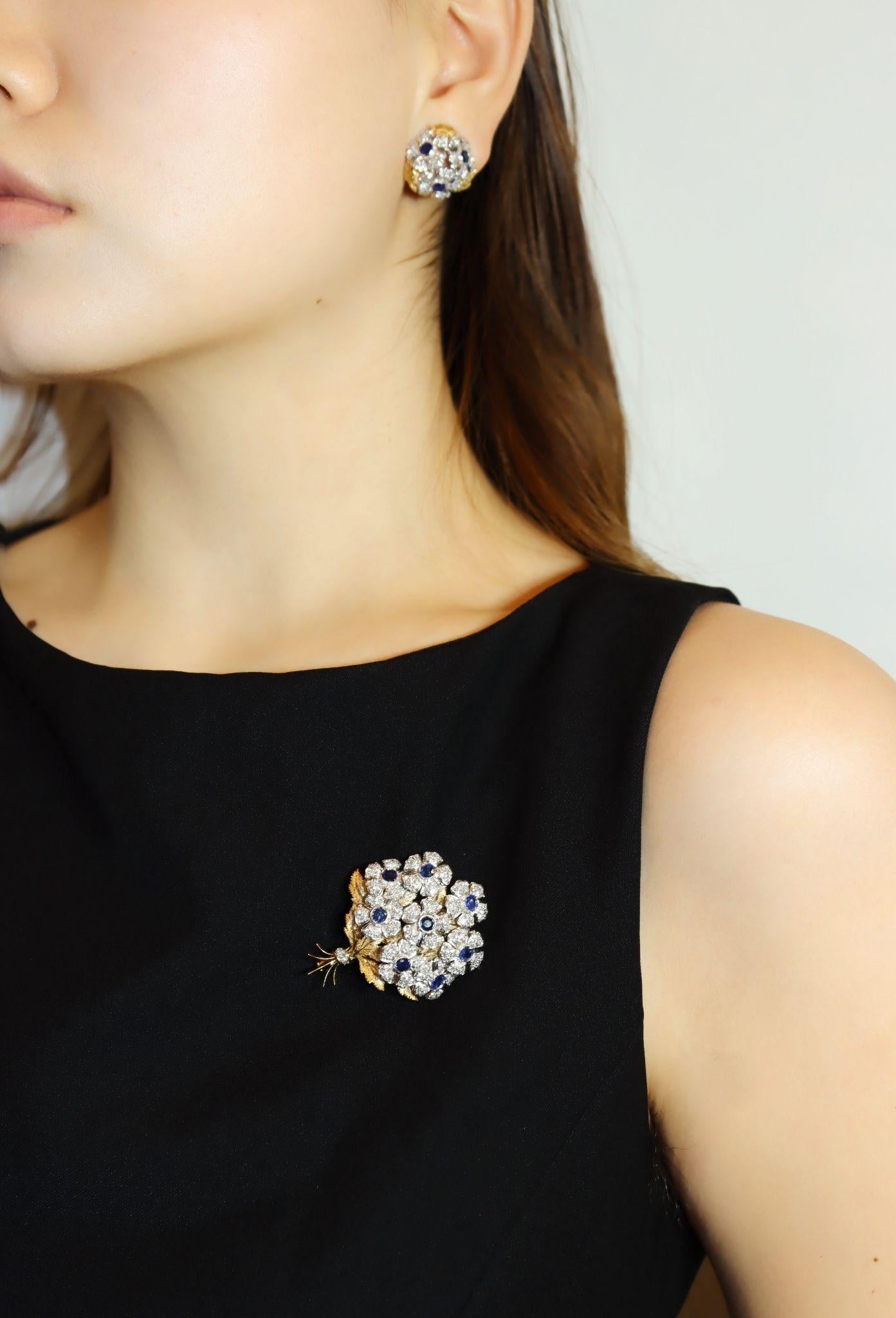 Rare Buccellati 18K Gold & Platinum En Tremblant Sapphire Diamond Set Brooch Pin