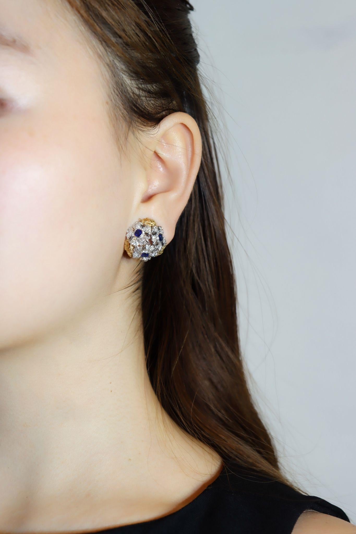 Rare Buccellati 18K Gold & Platinum Sapphire Diamond Flower Set Earrings