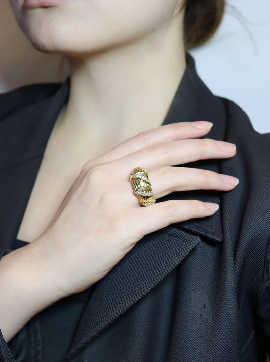 Cartier 18K Ridged Gold Pave Diamond Foliage Ring