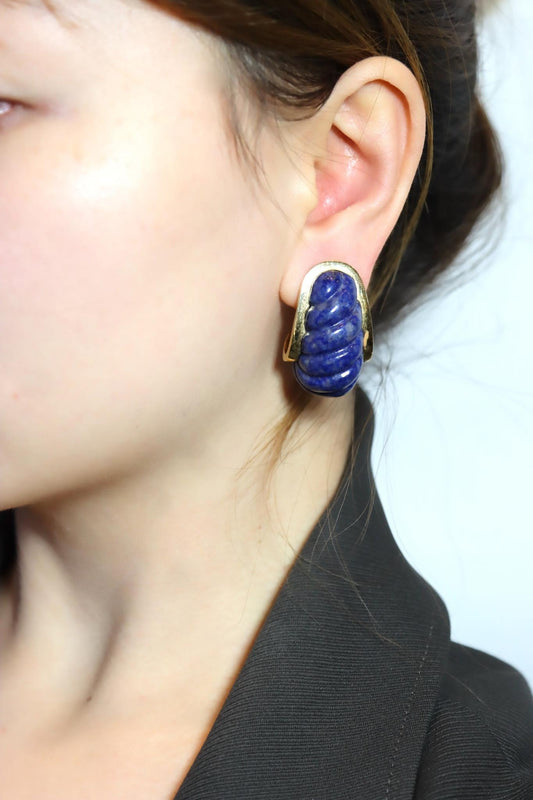 David Webb 18K Gold Lapis Lazuli J Hoop Earrings