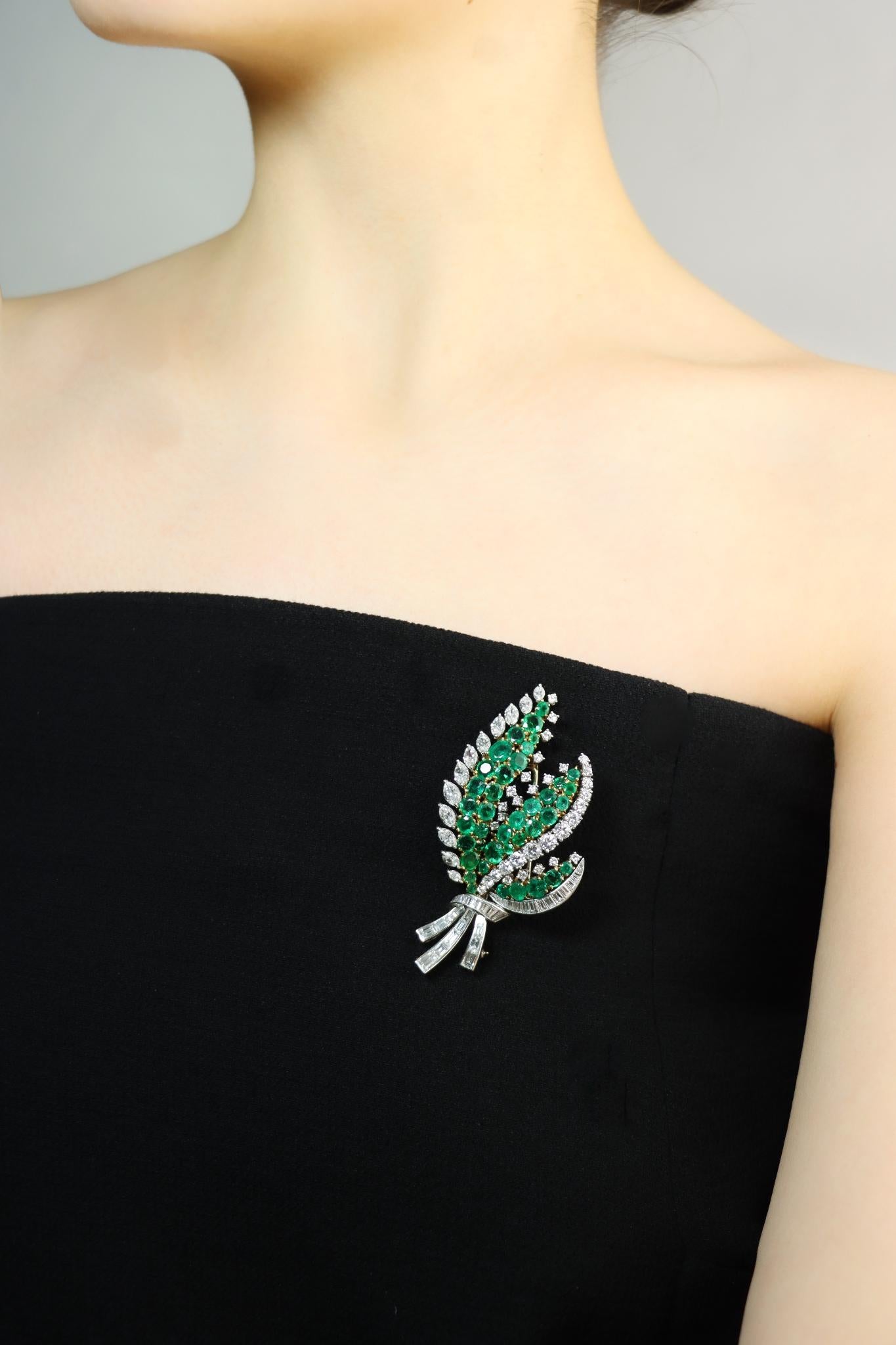 Cartier 18K Gold & Platinum Diamond Emerald Leaf Brooch