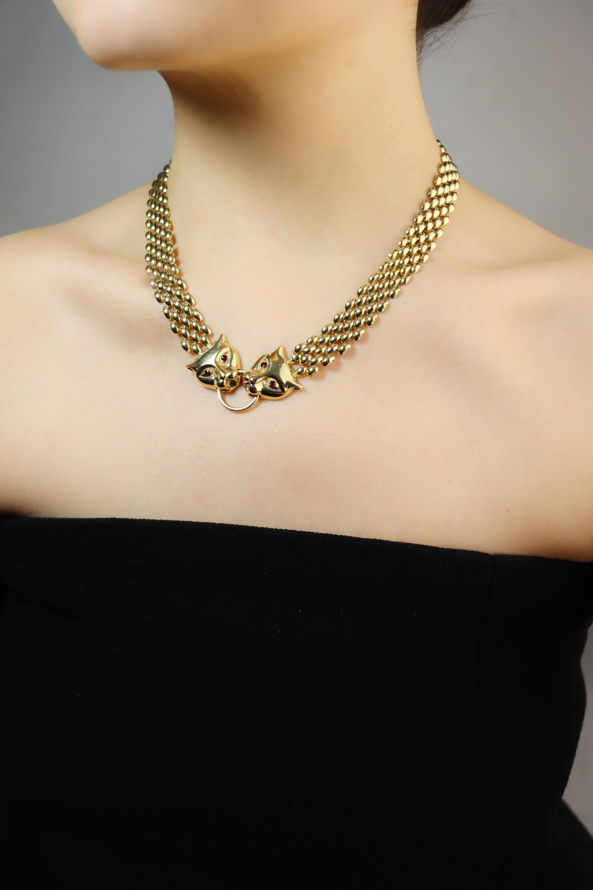 Vintage 14K Gold Ruby Panther Fox Necklace