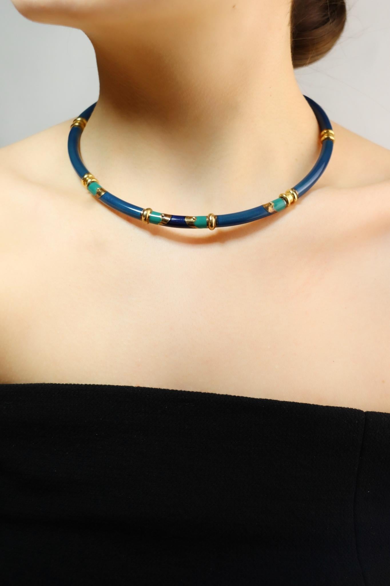 Vintage La Nouvelle Bague 18K Gold Turquoise Navy Enamel Necklace