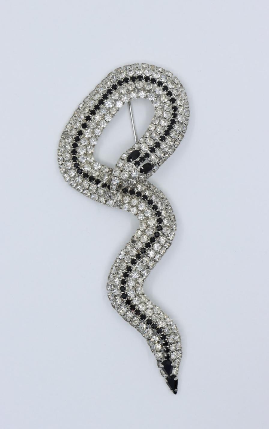 Vintage Silver Tone Black & White Rhinestone Snake Brooch