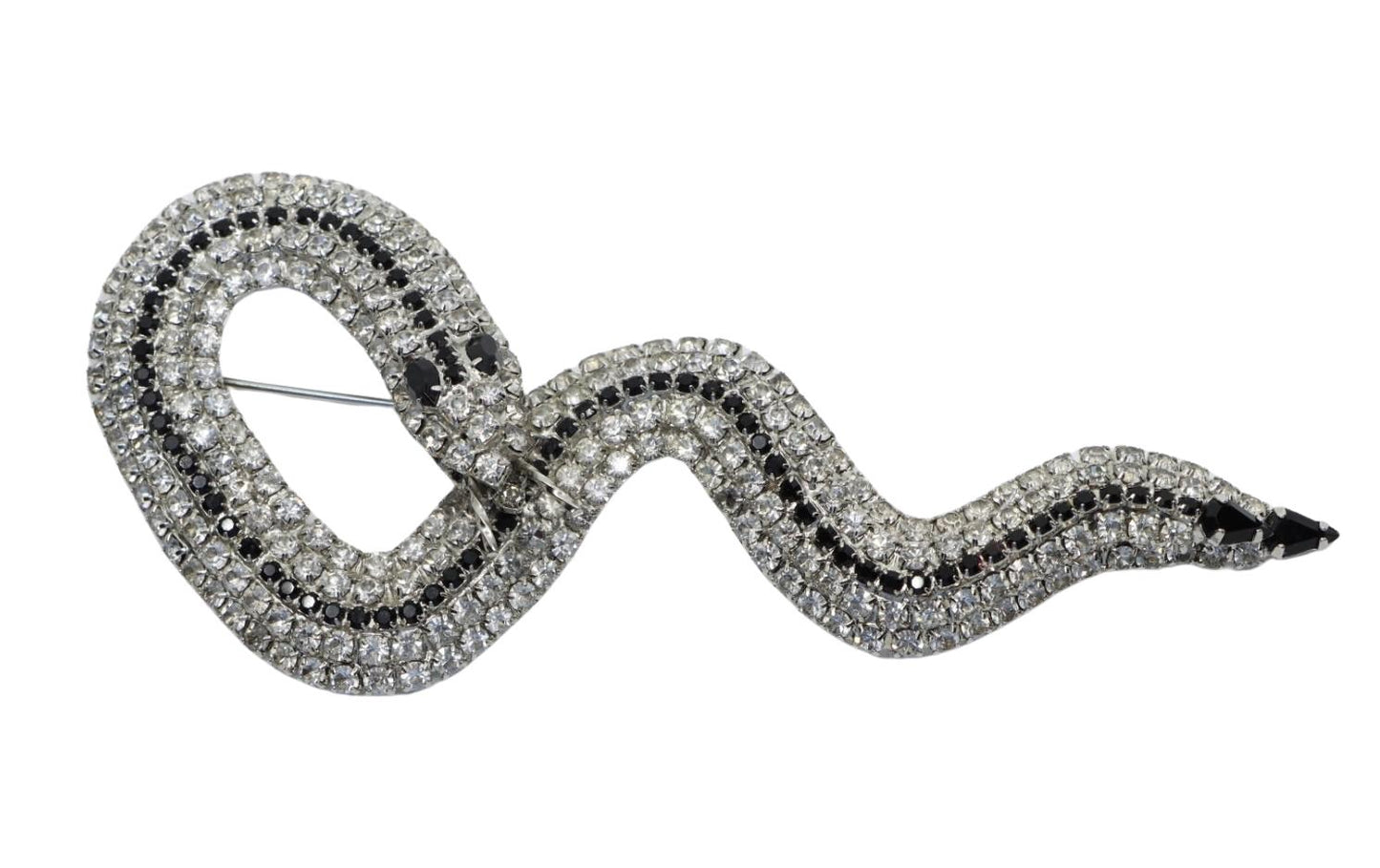 Vintage Silver Tone Black & White Rhinestone Snake Brooch
