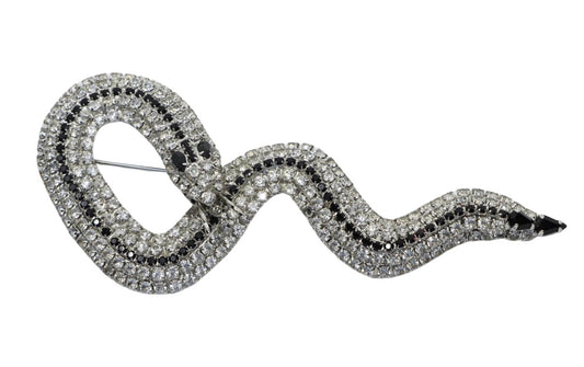Vintage Silver Tone Black & White Rhinestone Snake Brooch
