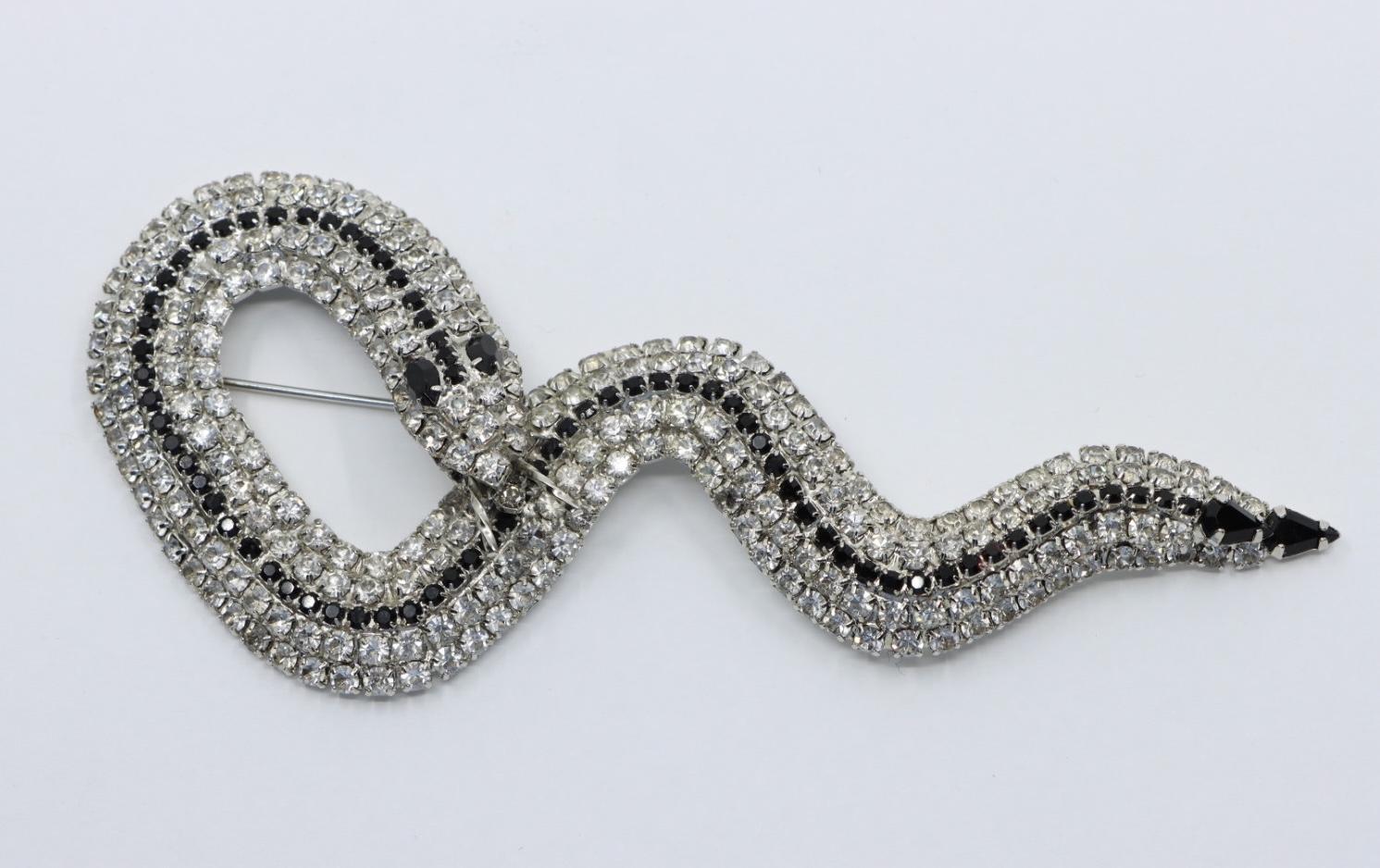 Vintage Silver Tone Black & White Rhinestone Snake Brooch