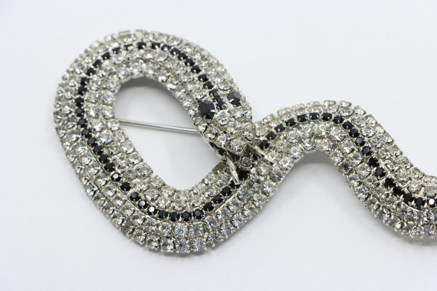 Vintage Silver Tone Black & White Rhinestone Snake Brooch