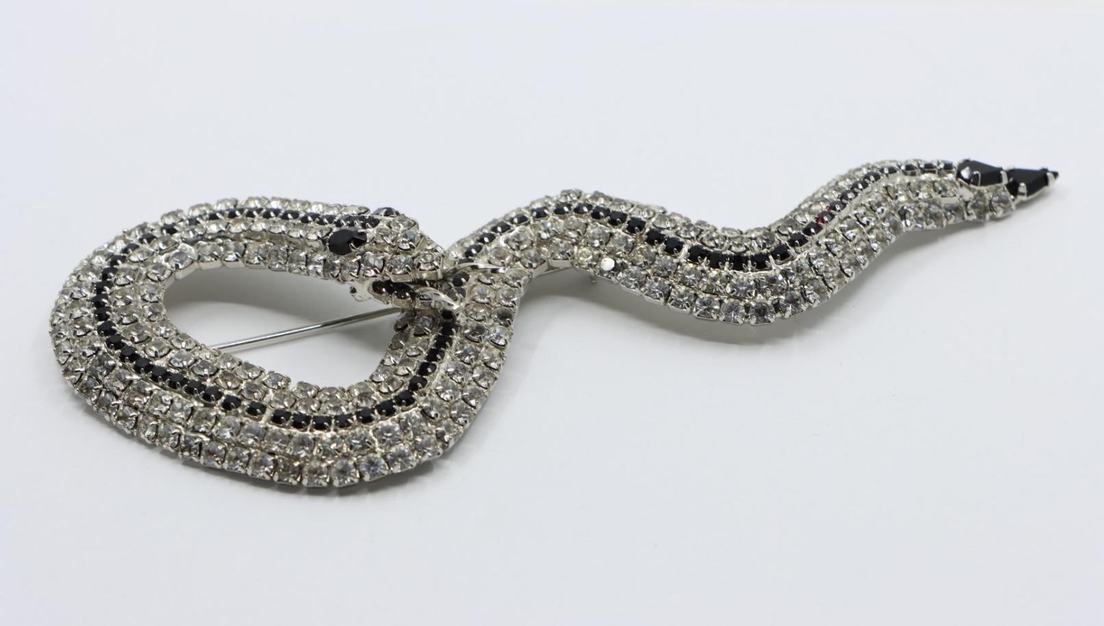 Vintage Silver Tone Black & White Rhinestone Snake Brooch