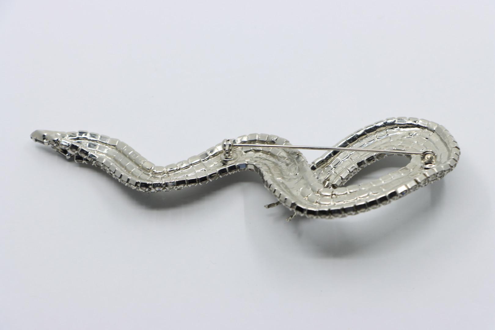 Vintage Silver Tone Black & White Rhinestone Snake Brooch