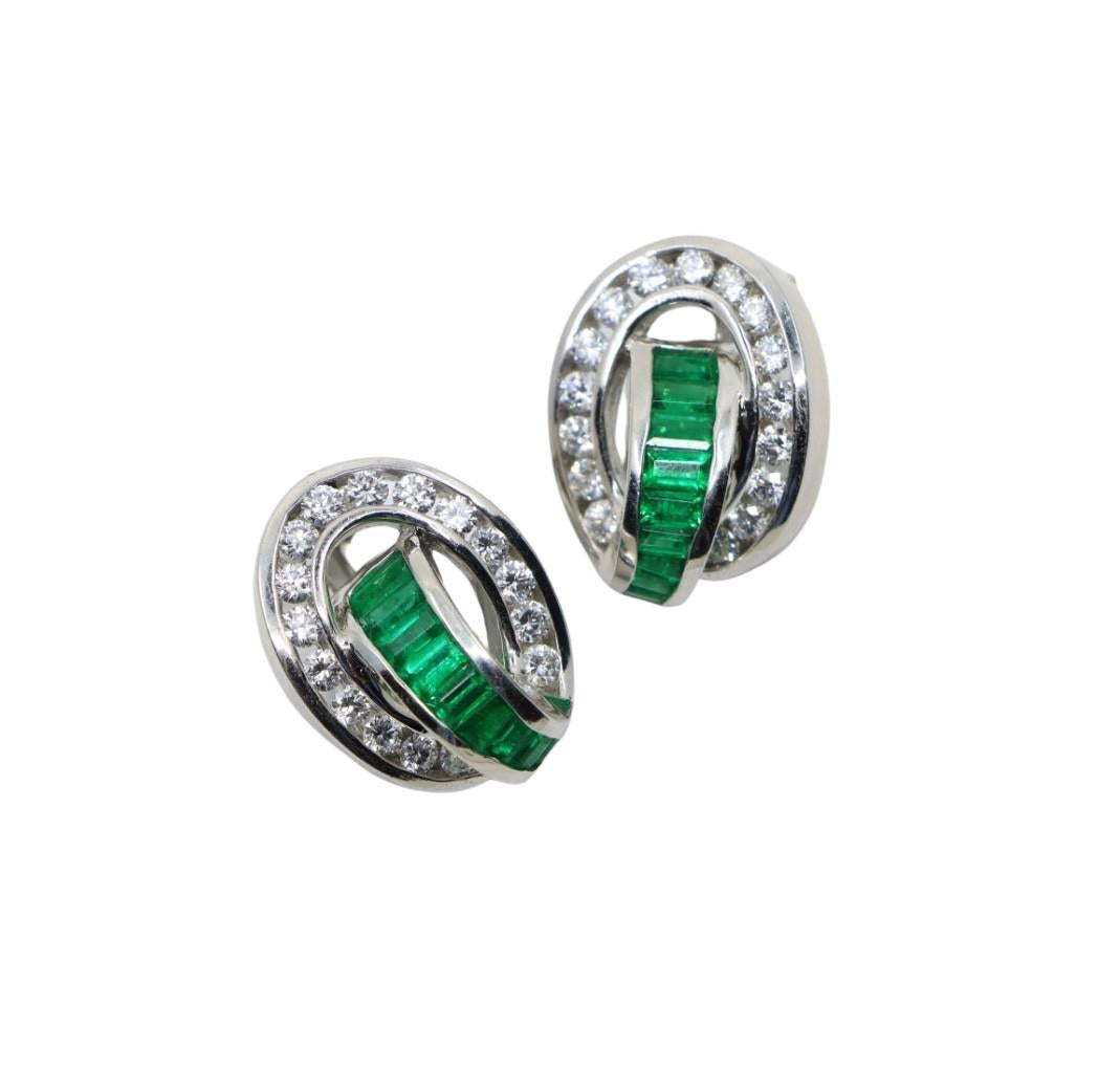 Charles Krypell Platinum Diamonds Emerald Earrings