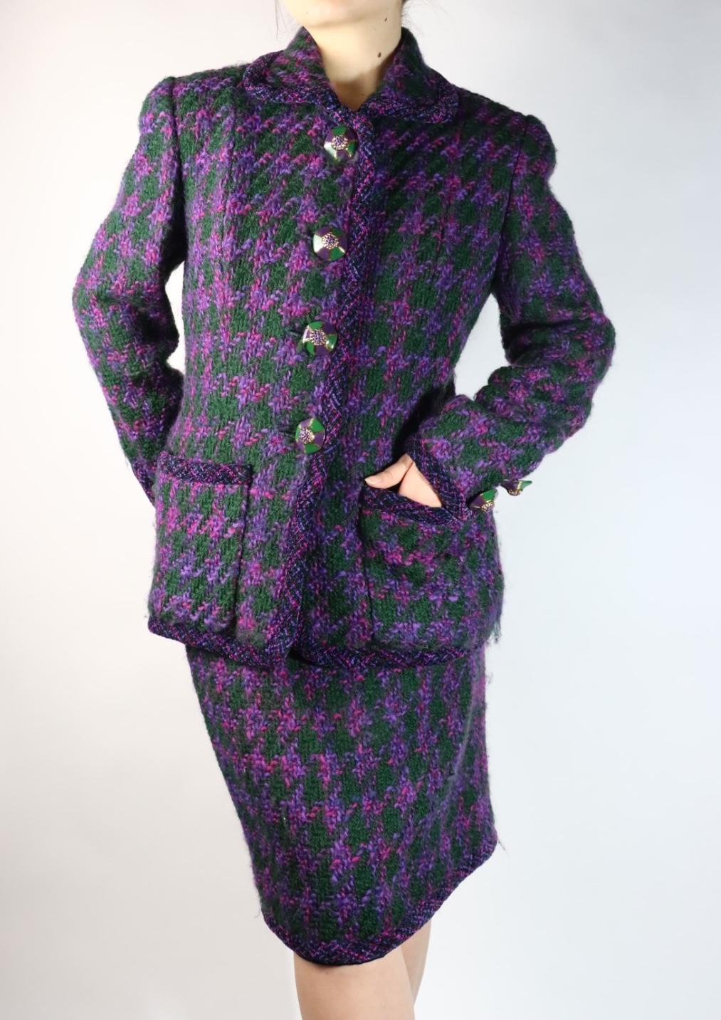Vintage Oscar De La Renta Purple & Green Tweed Jacket & Skirt Suit