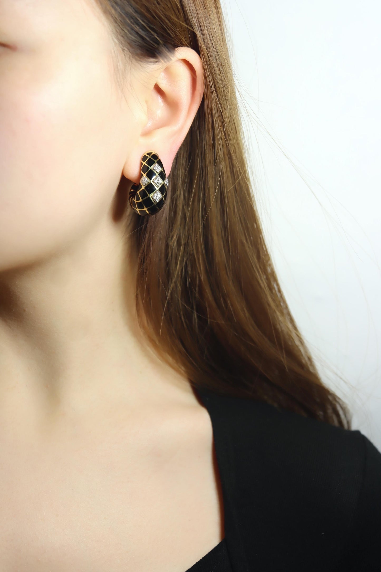 David Webb 18K Gold Diamond Black Enamel J Hoop Earrings