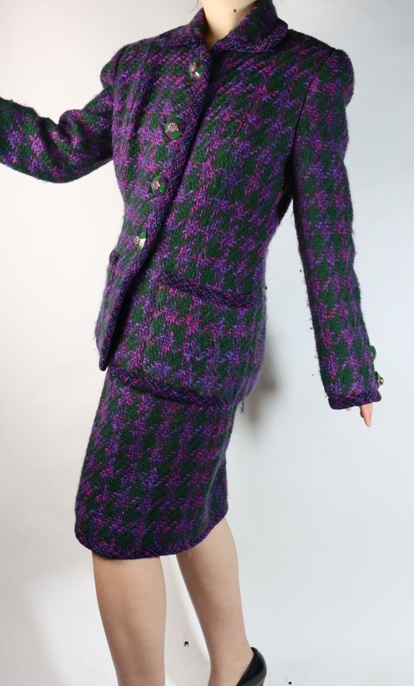 Vintage Oscar De La Renta Purple & Green Tweed Jacket & Skirt Suit