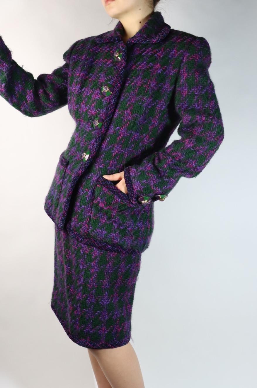 Vintage Oscar De La Renta Purple & Green Tweed Jacket & Skirt Suit