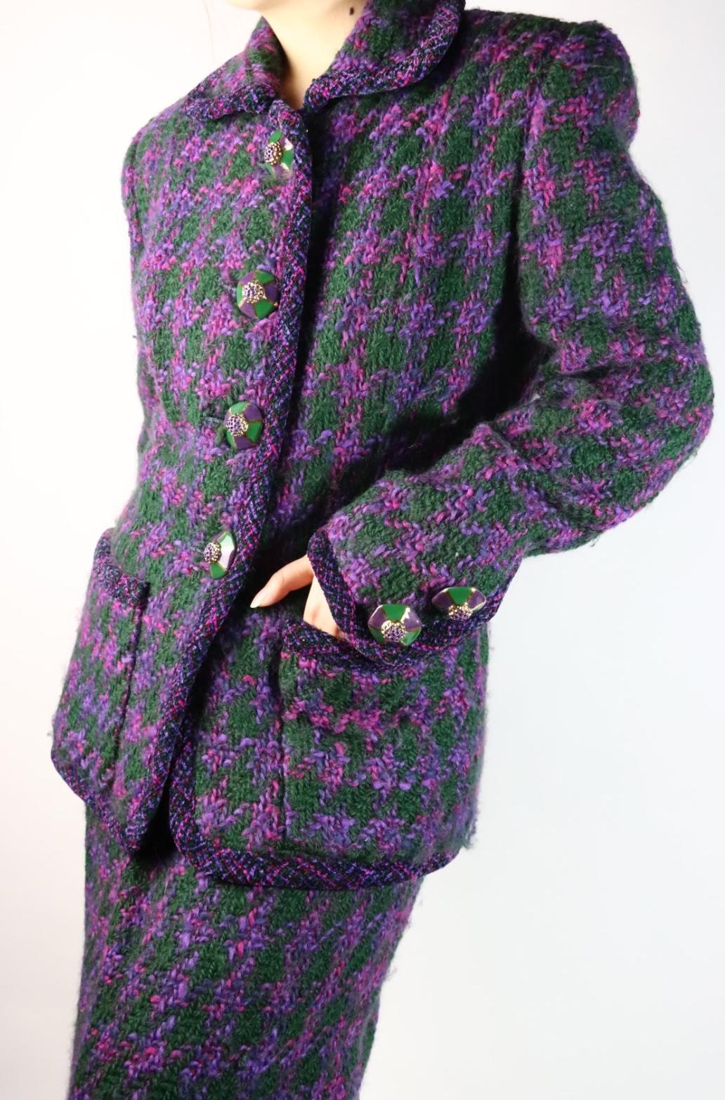 Vintage Oscar De La Renta Purple & Green Tweed Jacket & Skirt Suit