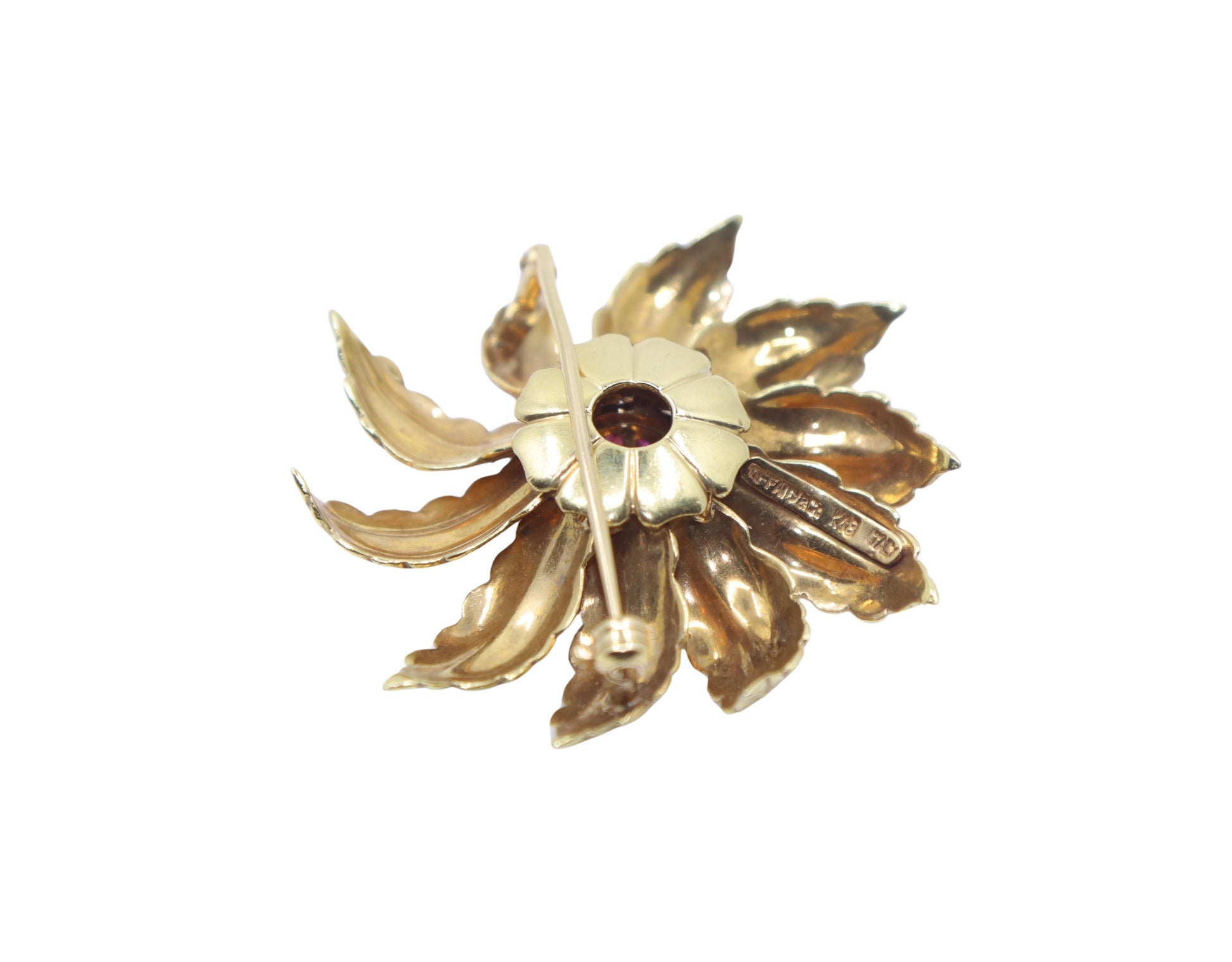 Vintage Tiffany & Co. 18K Gold Ruby Starburst Flower Brooch Pin