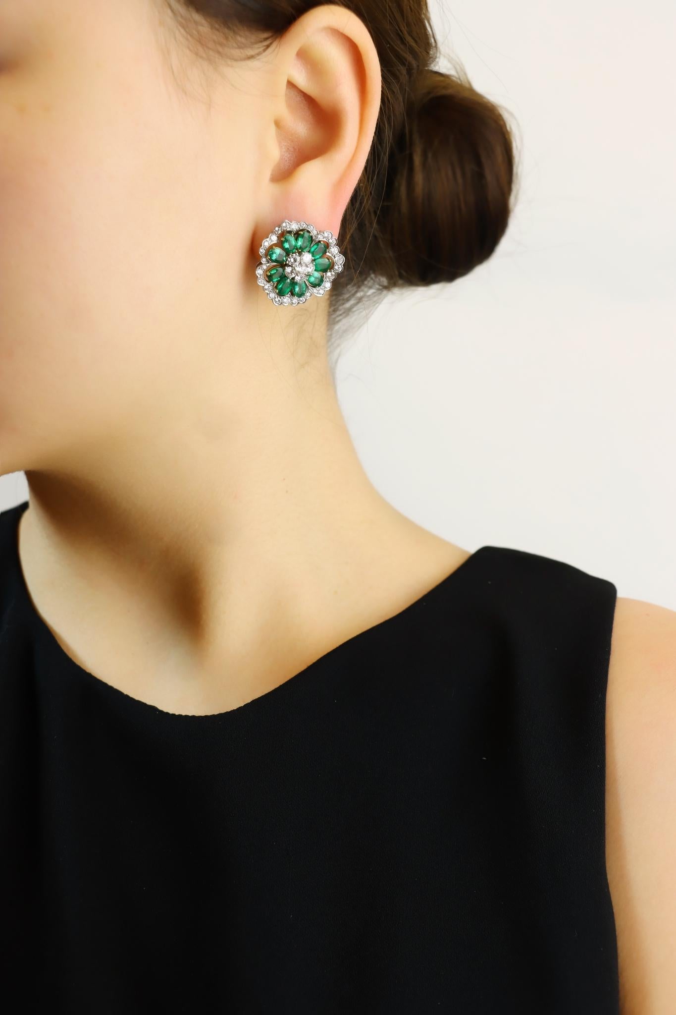 Van Cleef & Arpels 18K Gold & Platinum Diamond Emerald Flower Earrings