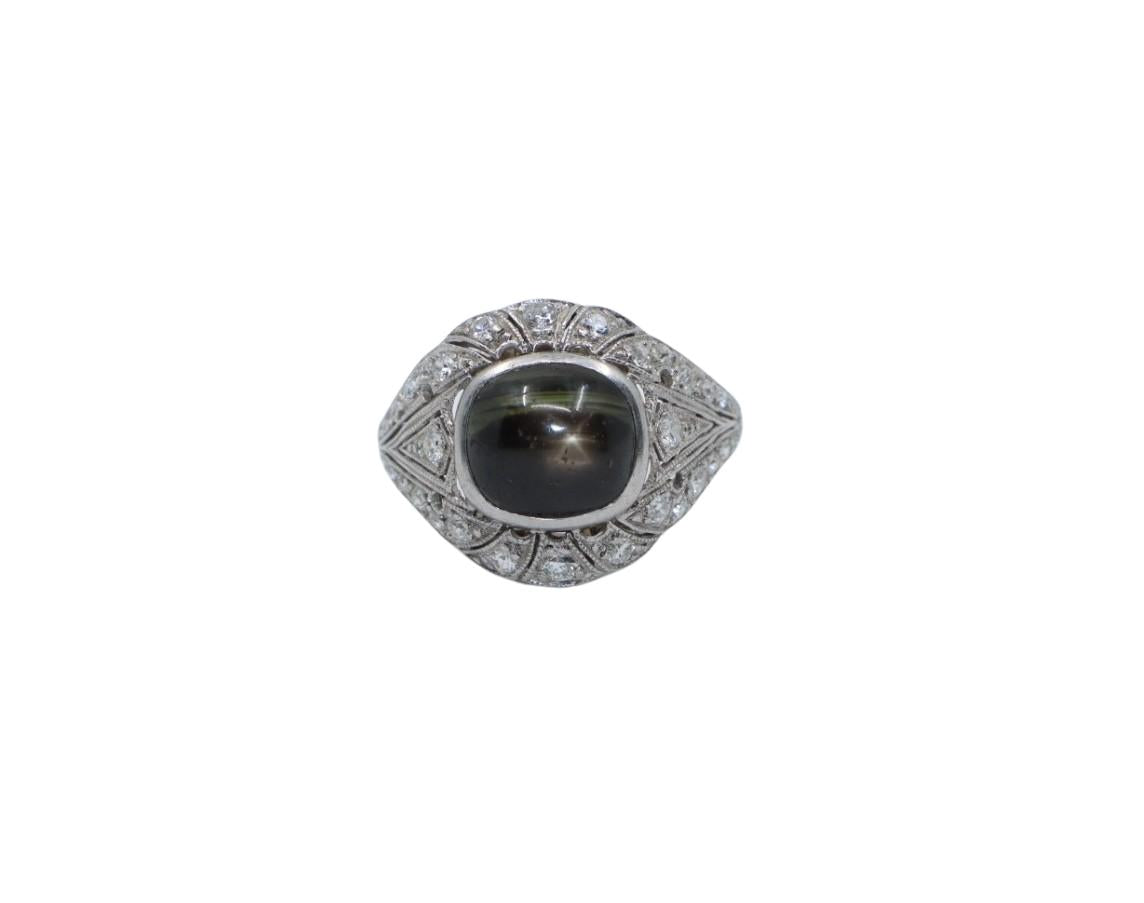 Art Deco Style Black Star Sapphire Diamond Platinum & 10K Ring