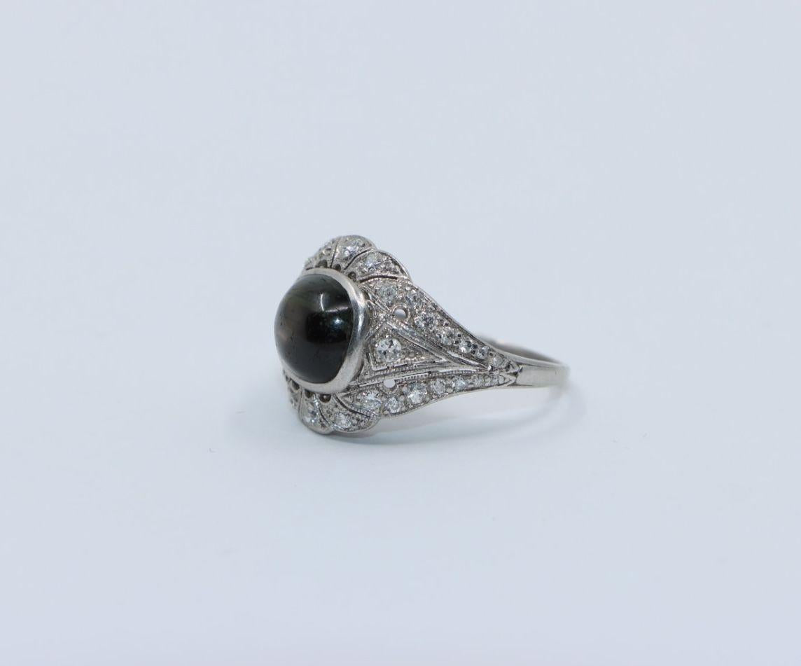 Art Deco Style Black Star Sapphire Diamond Platinum & 10K Ring