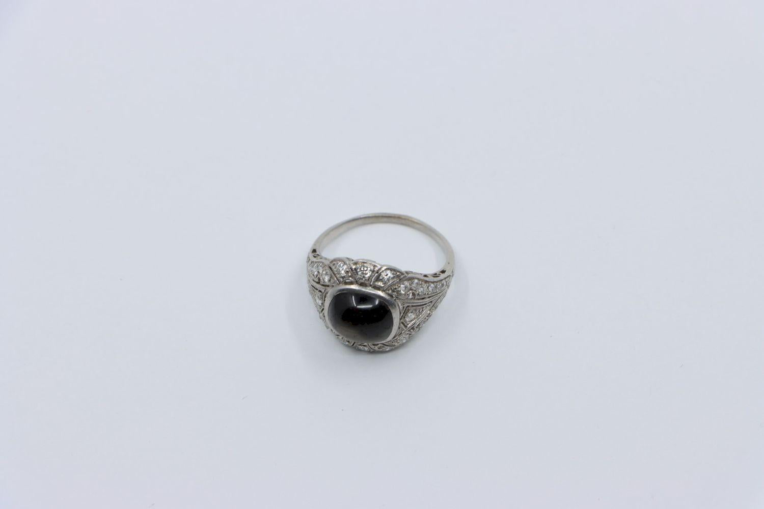 Art Deco Style Black Star Sapphire Diamond Platinum & 10K Ring