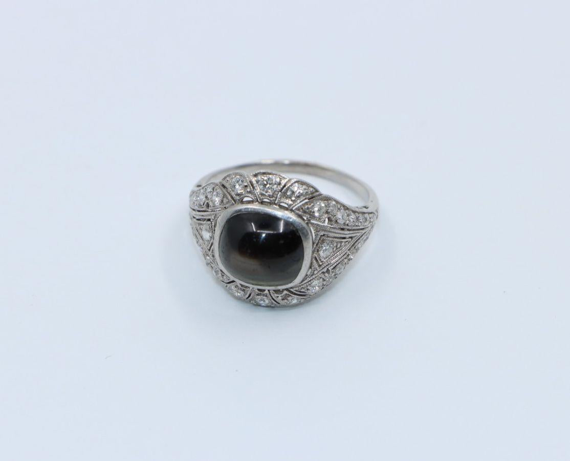 Art Deco Style Black Star Sapphire Diamond Platinum & 10K Ring