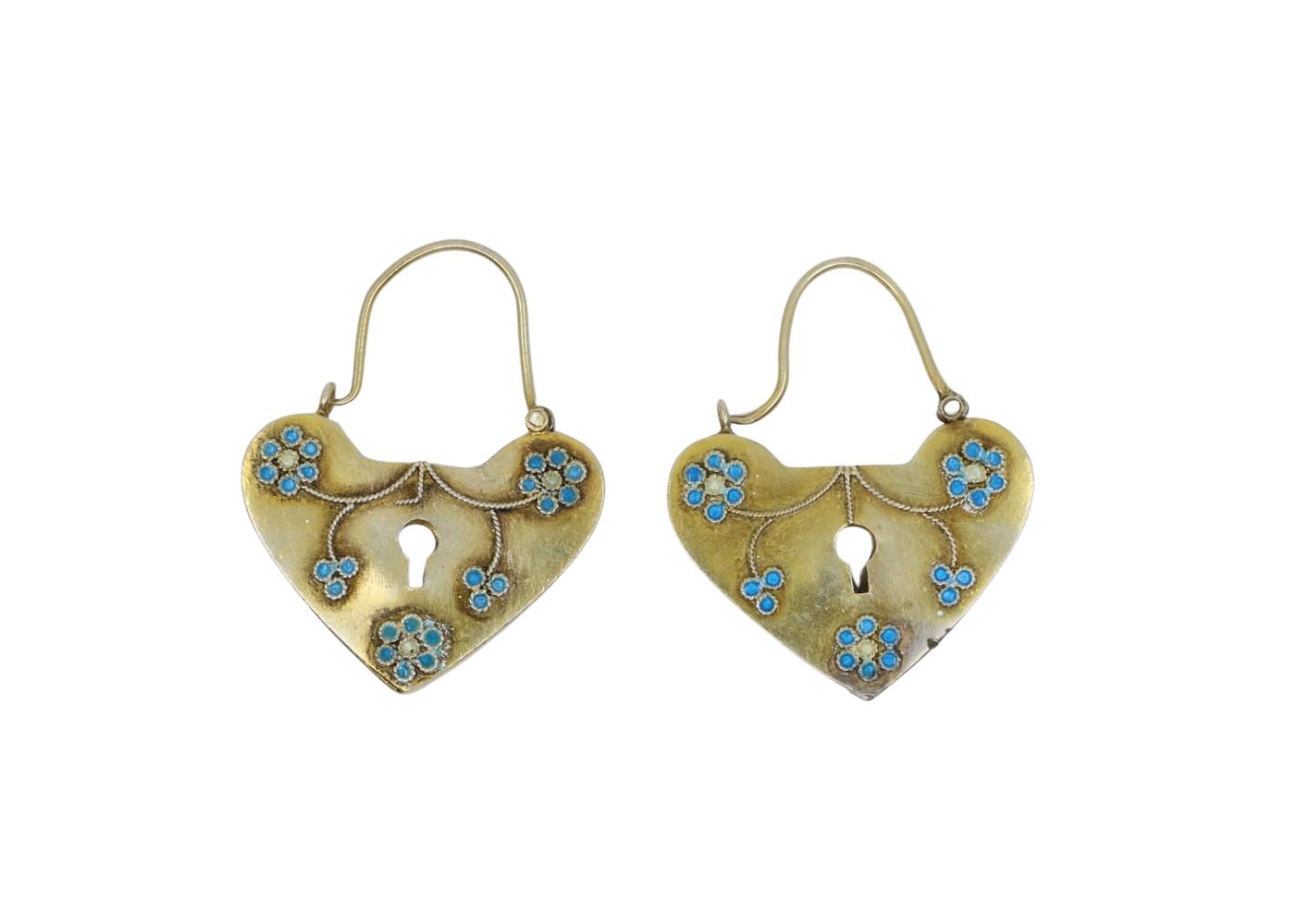 Vintage 9K Gold Enamel Heart Locket Earrings