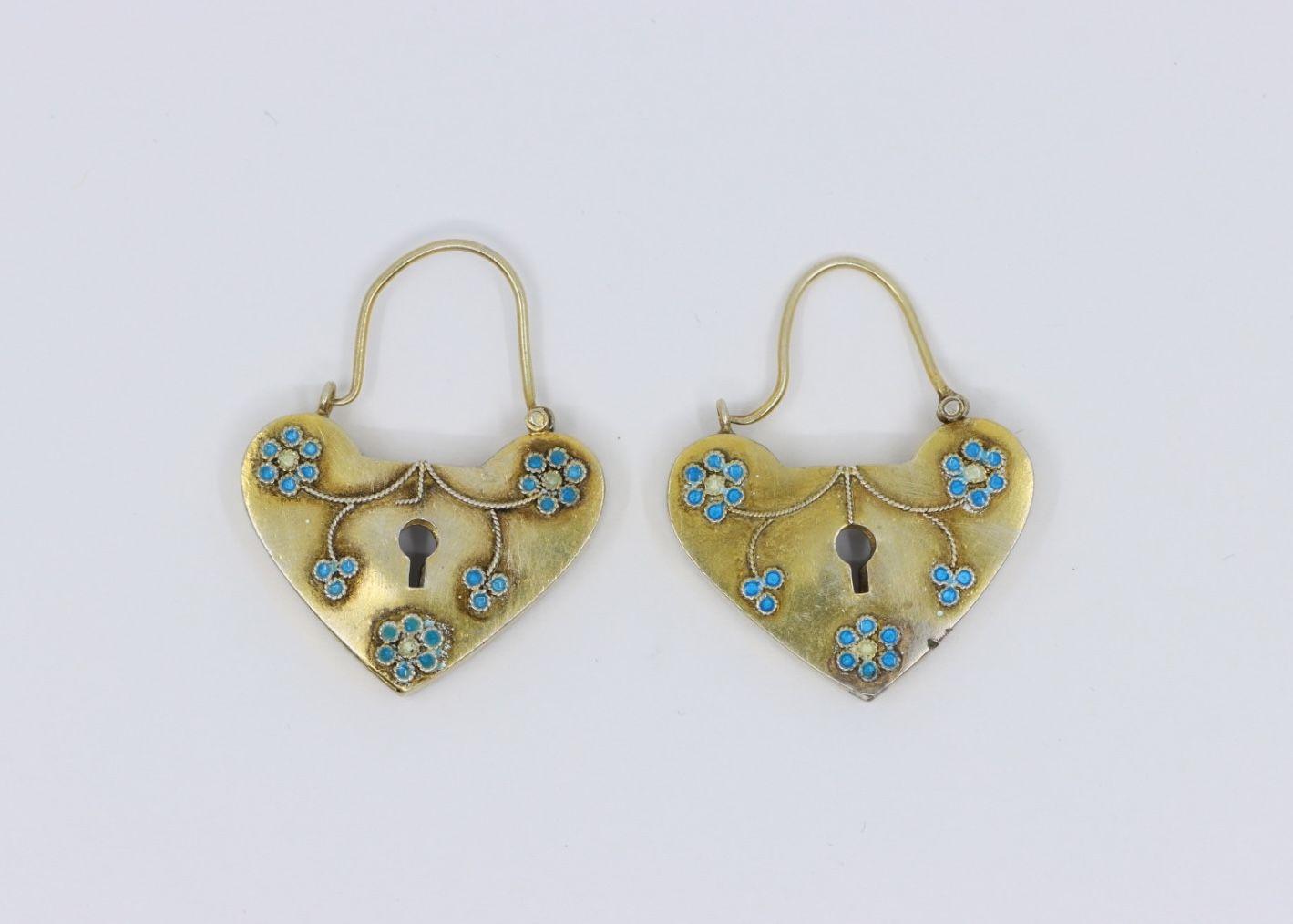 Vintage 9K Gold Enamel Heart Locket Earrings