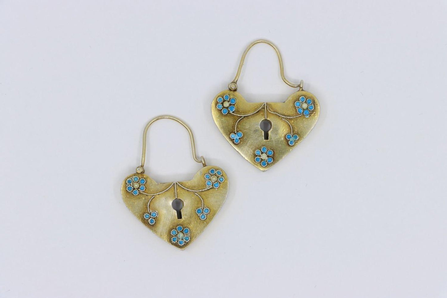 Vintage 9K Gold Enamel Heart Locket Earrings