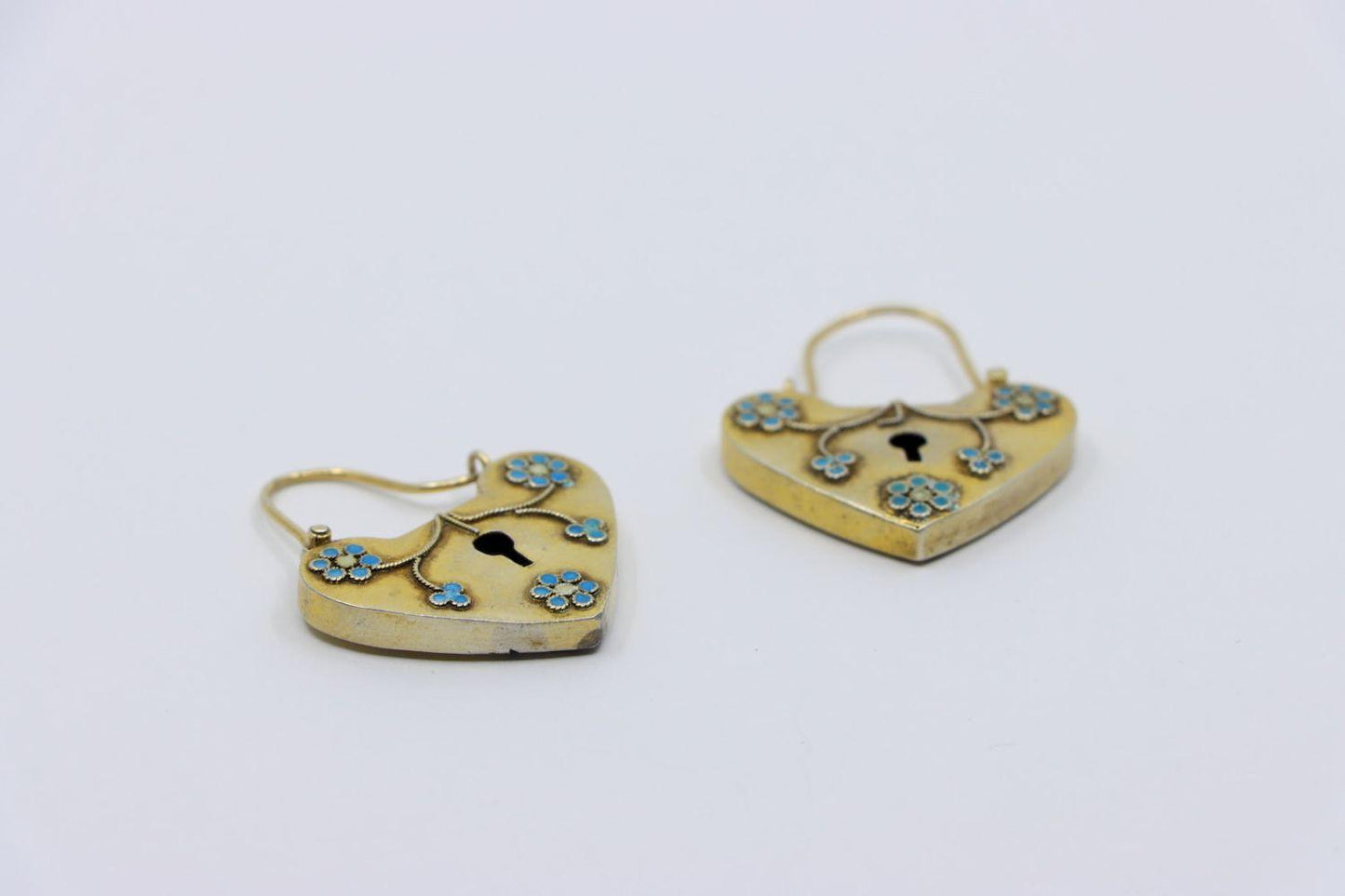 Vintage 9K Gold Enamel Heart Locket Earrings