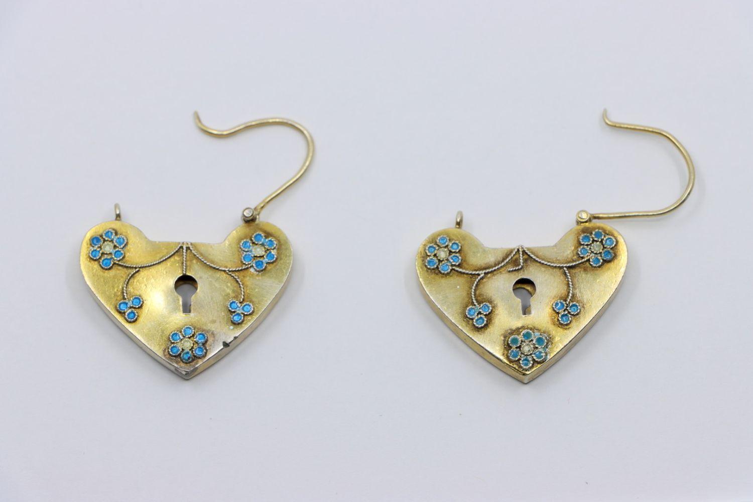 Vintage 9K Gold Enamel Heart Locket Earrings