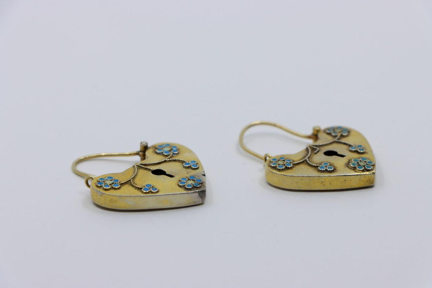 Vintage 9K Gold Enamel Heart Locket Earrings