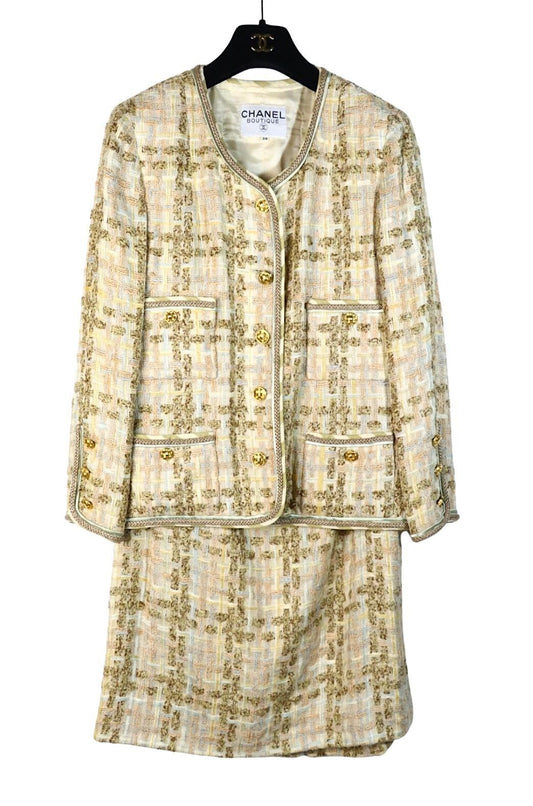 Vintage Chanel 1984 Classic Collarless Tweed Jacket Suit