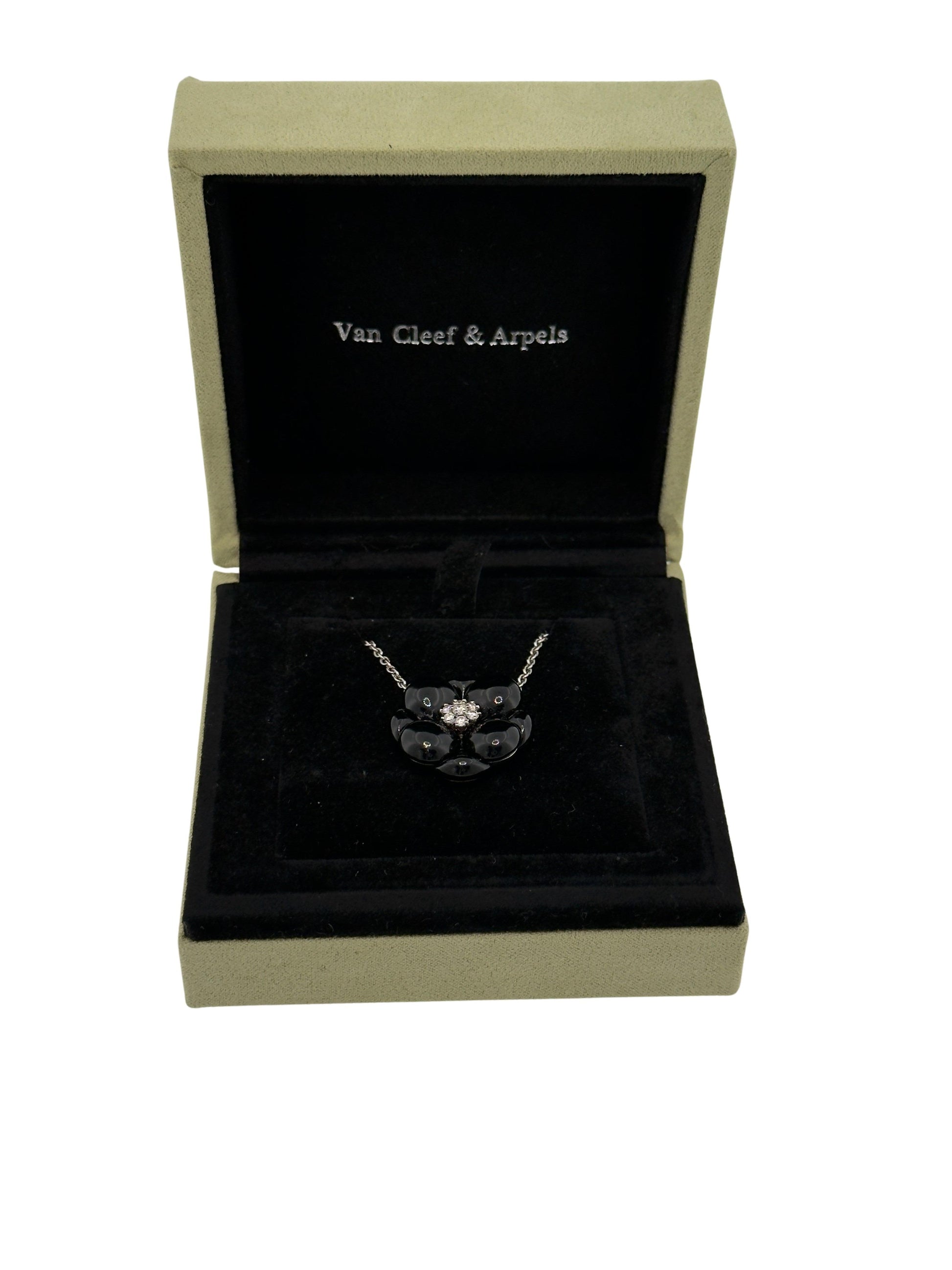 Van Cleef & Arpels 18K White Gold Onyx & Diamond Floral Pendant Necklace