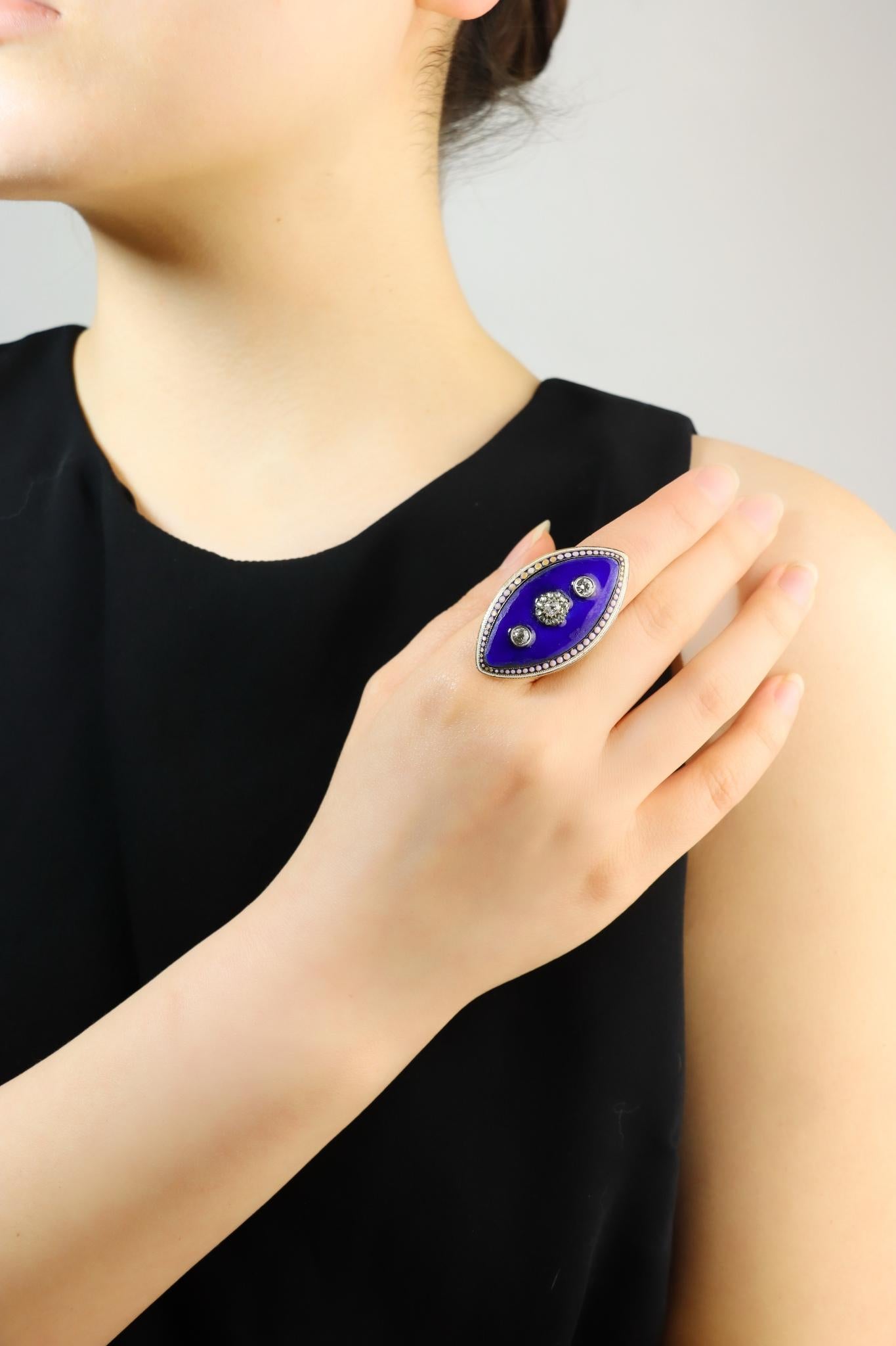 Georgian 18K  Gold Blue Enamel Diamond Ring