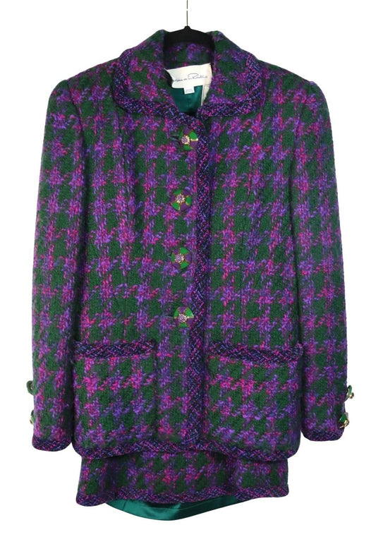Vintage Oscar De La Renta Purple & Green Tweed Jacket & Skirt Suit