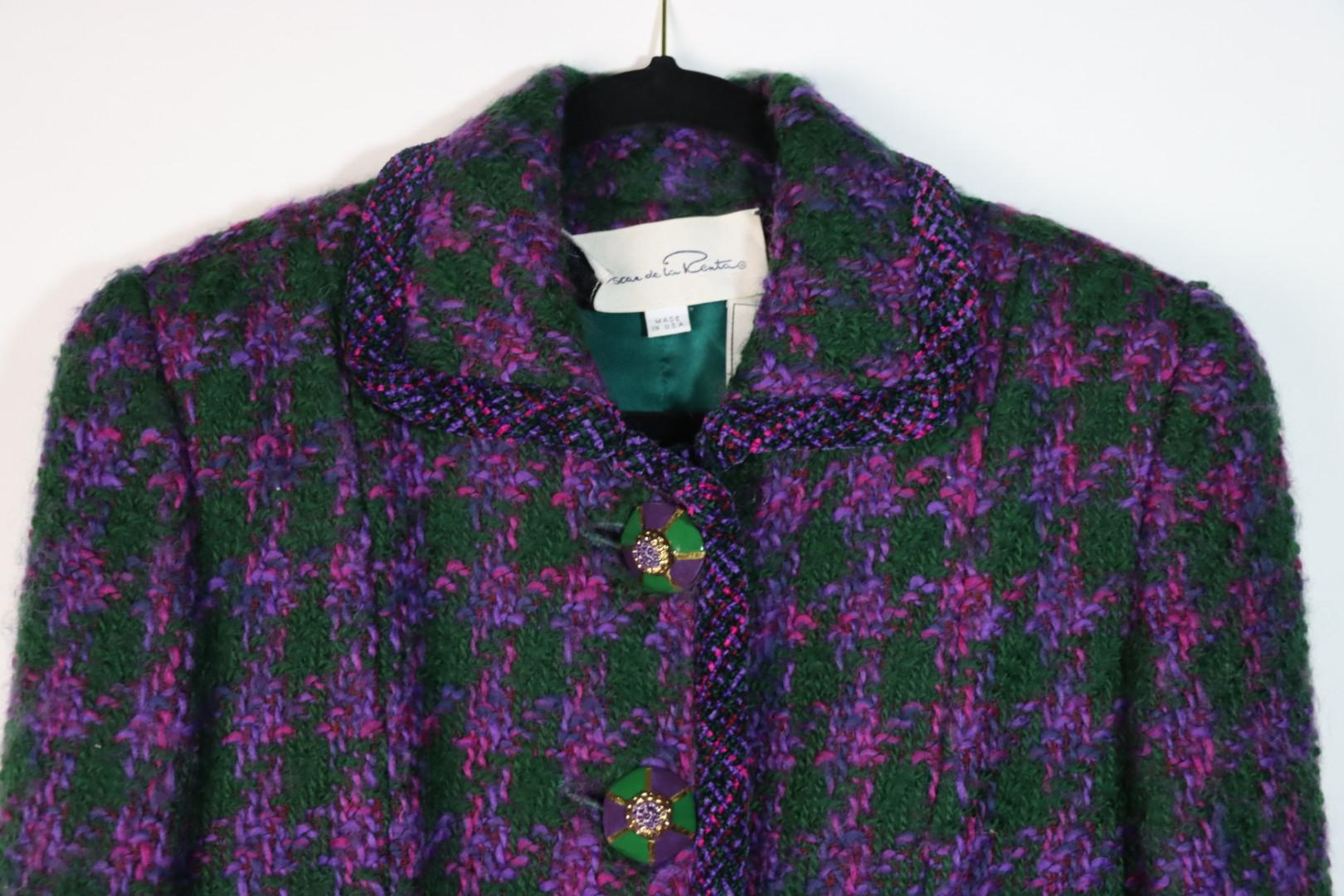 Vintage Oscar De La Renta Purple & Green Tweed Jacket & Skirt Suit