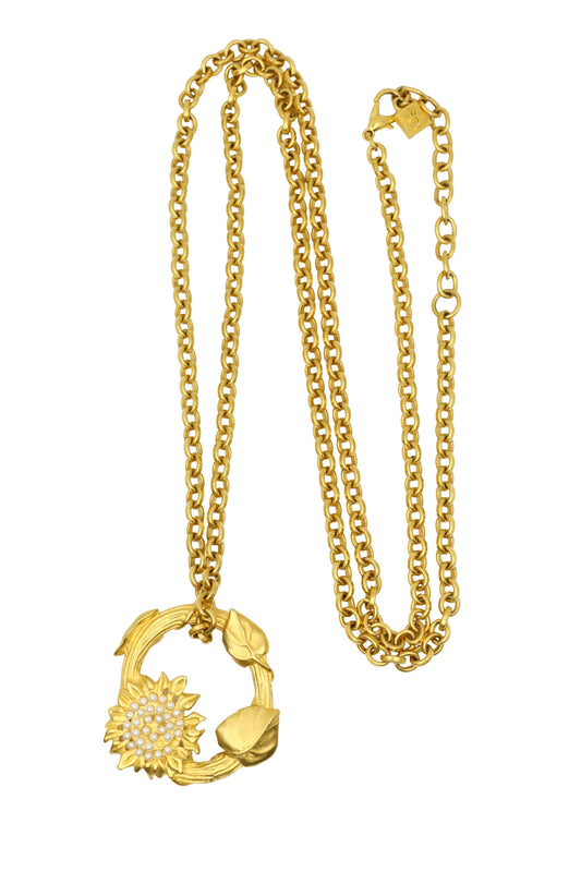 Vintage Karl Lagerfeld Gold Tone Wreath Pendant Long Necklace