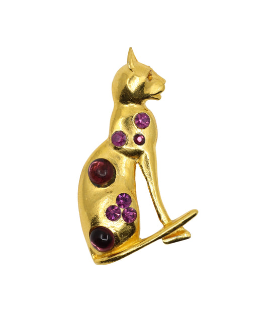 Vintage MOSELL Gold Tone Purple Rhinestone Cat Pendant