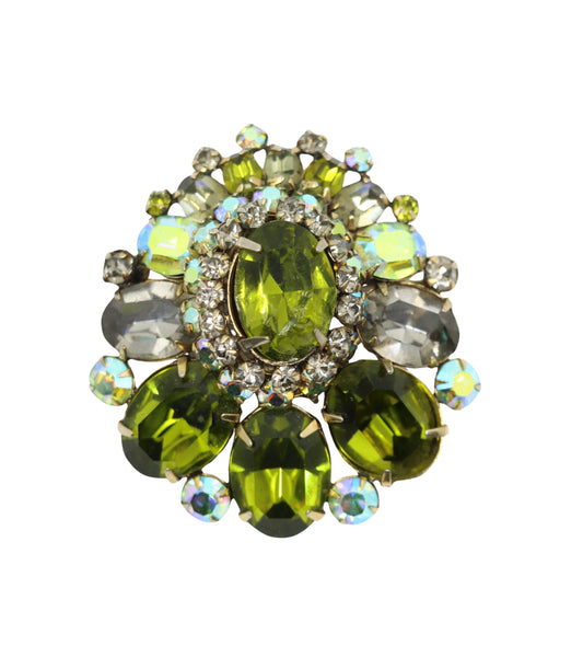 Vintage Schreiner Gold Tone Green Crystal Rhinestone Brooch