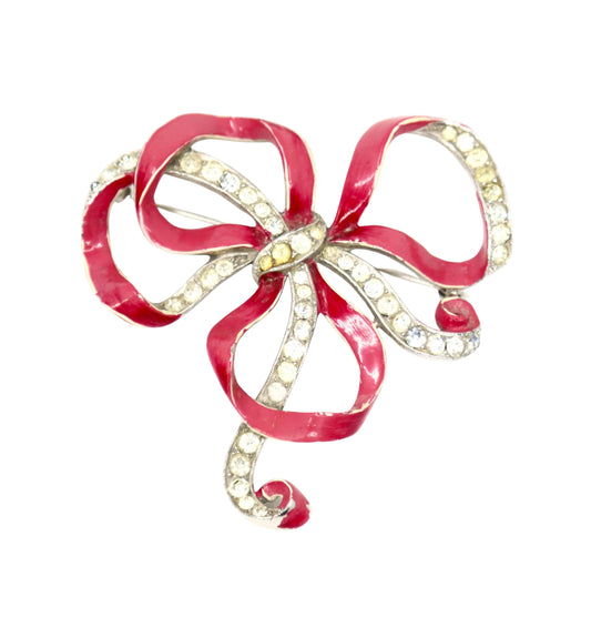 Vintage Trifari Silver Tone Pink Enamel Rhinestone Brooch