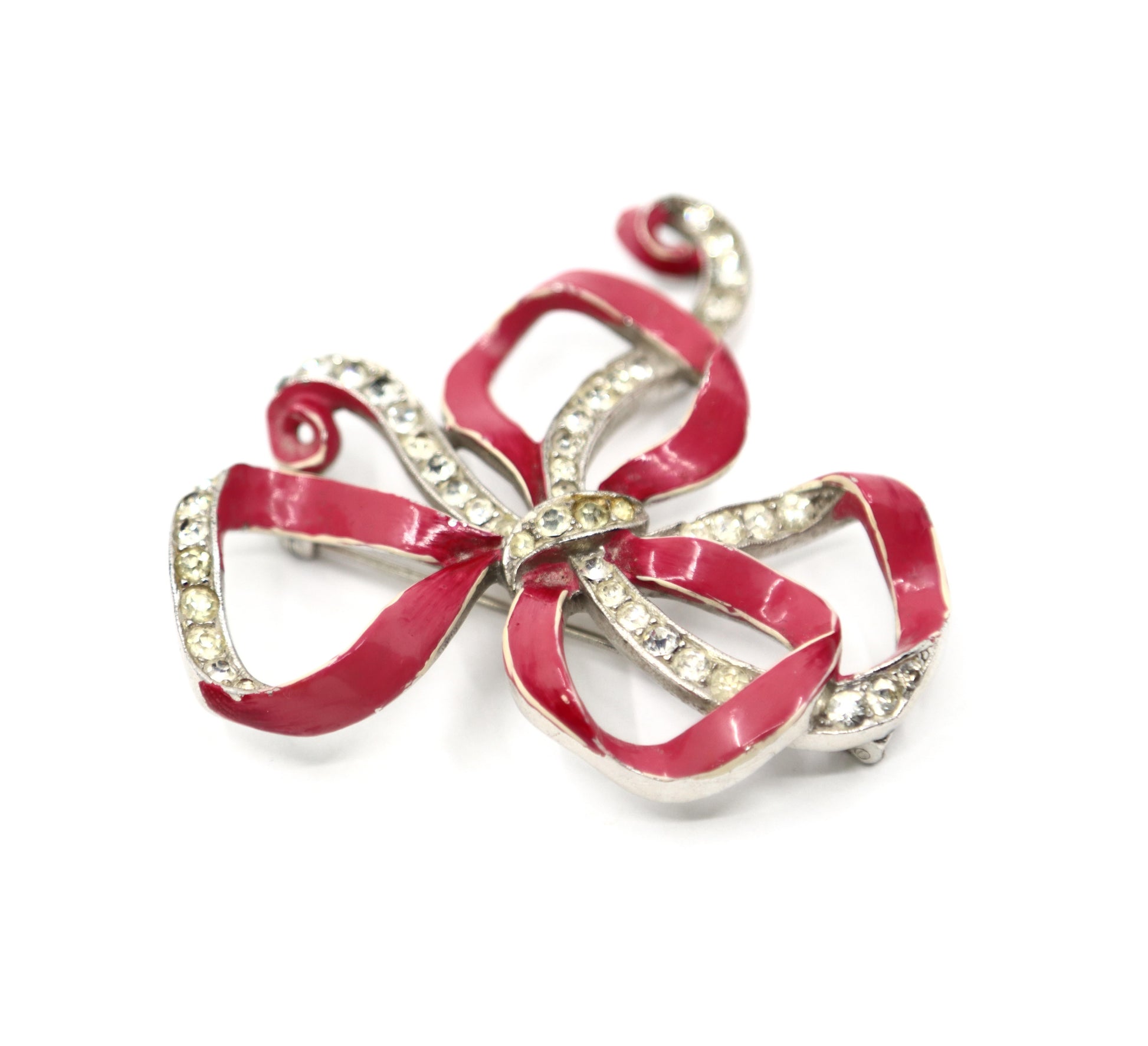 Vintage Trifari Silver Tone Pink Enamel Rhinestone Brooch